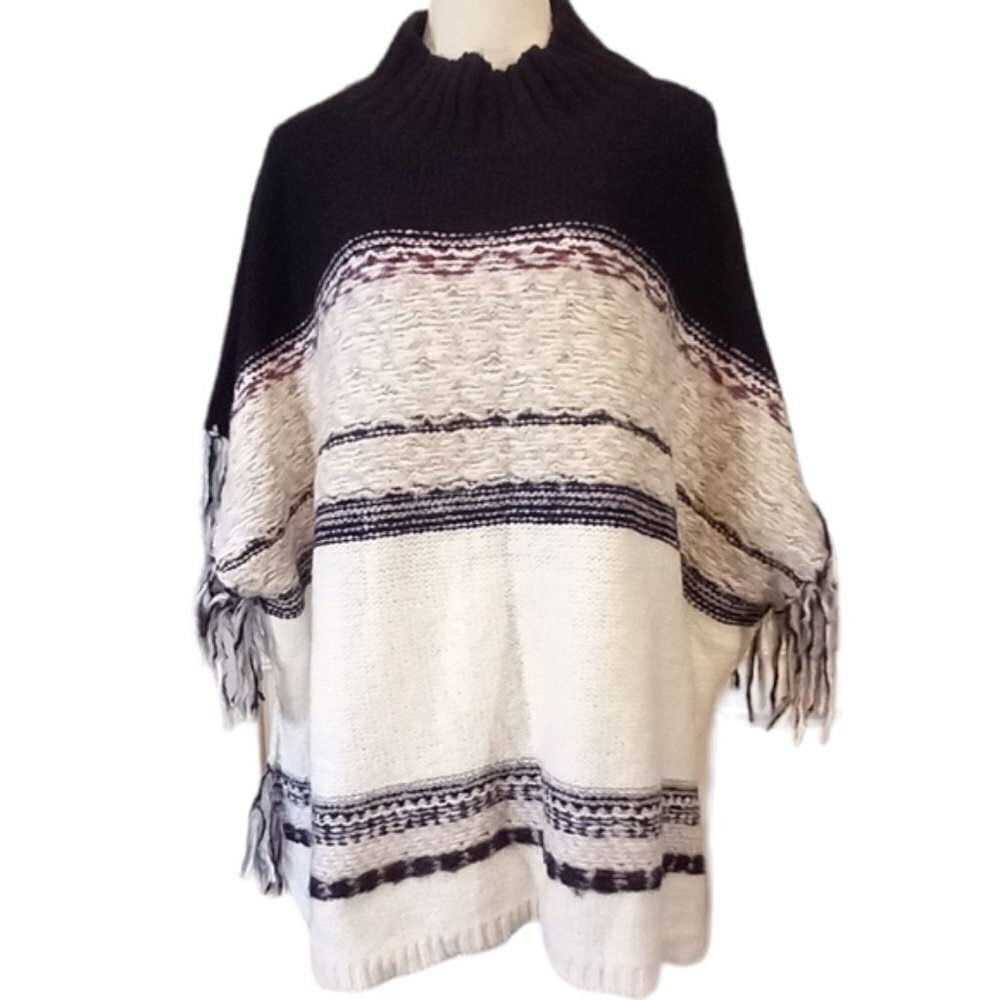 NWT Wool Blend Poncho Sweater Fringe Stripes Large